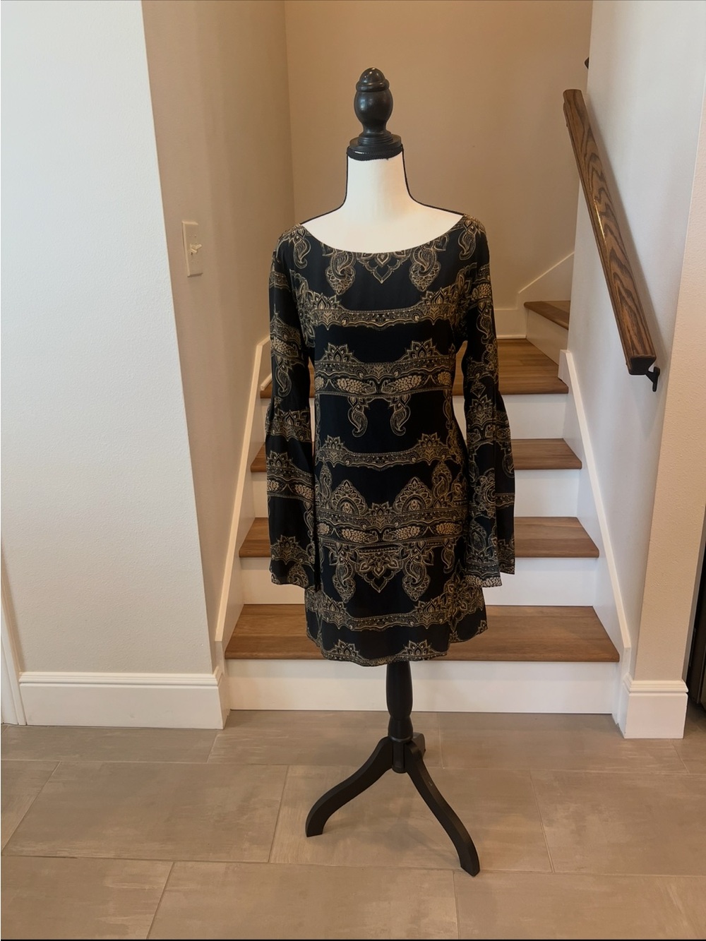 Black & Gold Paisley Bell-Sleeve Mini Dress